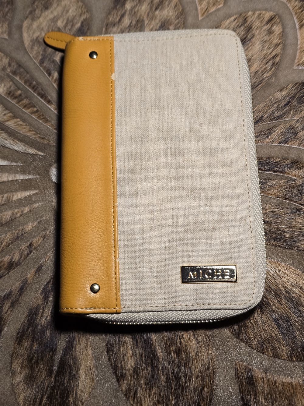 Miche Vienna Passport Wallet Oatmeal Cotton Linen And Butterscotch Trim